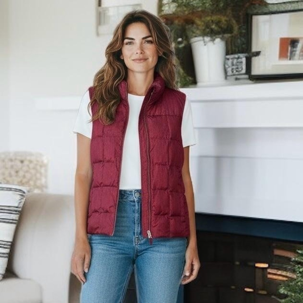 Lands' End Vest Womens Small 6-8 Burgundy Herringbone Puffer Quilted‎ Full Zip
